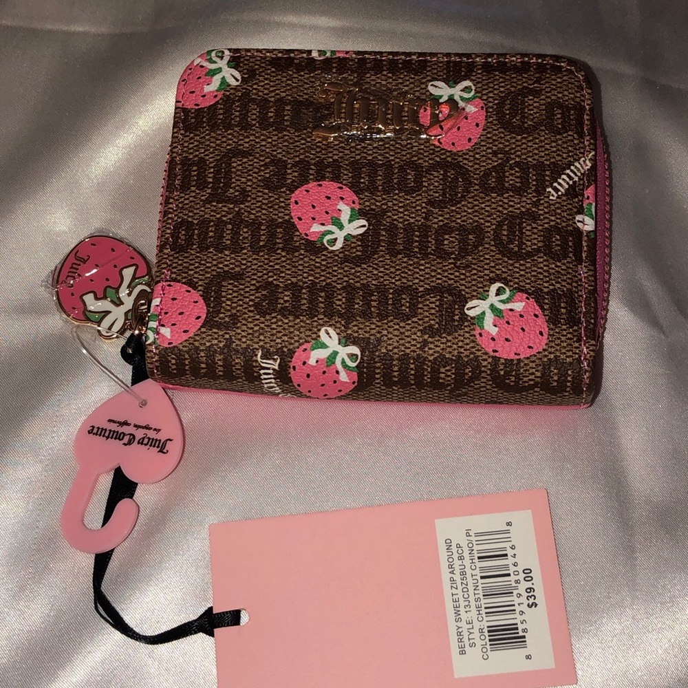 Juicy Couture Chestnut Chino Pink Berry Sweet Zip Around Bifold Wallet NWT